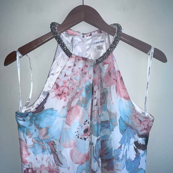 Calvin Klein Blue Floral Ruffle Halter Neckline Sleeveless Maxi Dress 4 Wedding - Picture 5 of 11